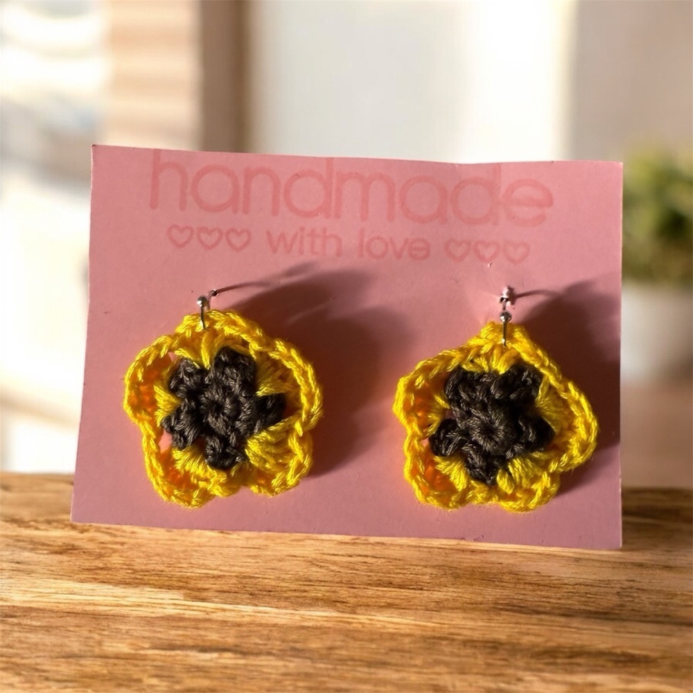 Handmade Crochet Sunflower Earrings Yellow Brown Dangle Boho Jewelry NWT